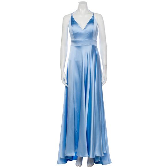 Mac Duggal Powder Blue Satin High Slit Gown Size 8 Evening Dress - Picture 5 of 15